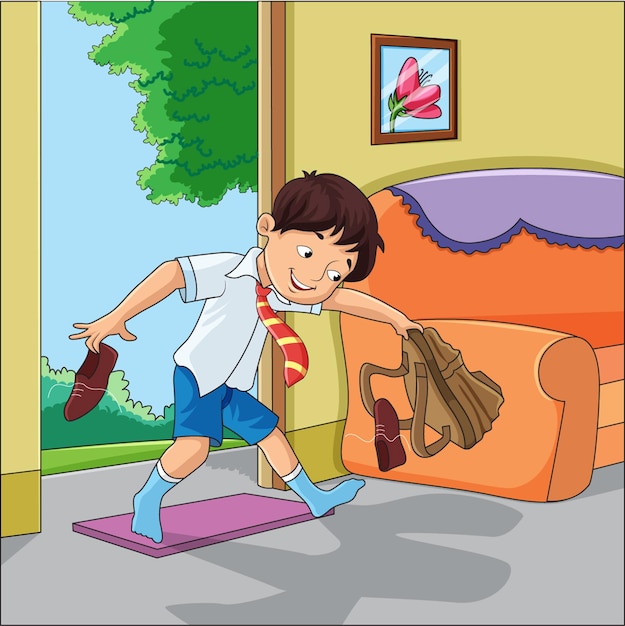 Jongen in schooljurk met schoenen en tas in de hand vectorillustratie