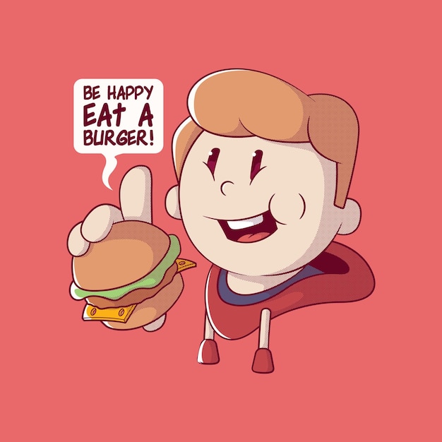 Jongen karakter houden en eten van een hamburger vectorillustratie. Eten, reclame ontwerpconcept.