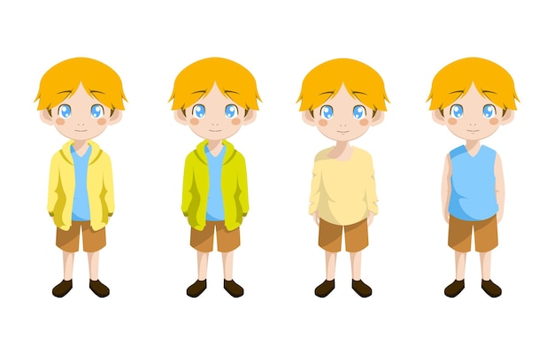 Jongen kind kind staande kleding vooraanzicht vector cartoon set