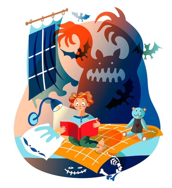 Jongen leest horrorboek kid zit op bed in de slaapkamer van de kinderen silhouet van enge geest maakt kindmonster onder bed bang