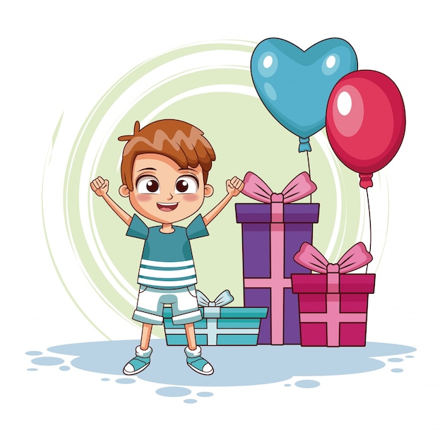 Jongen met birthay geschenken en ballonnen