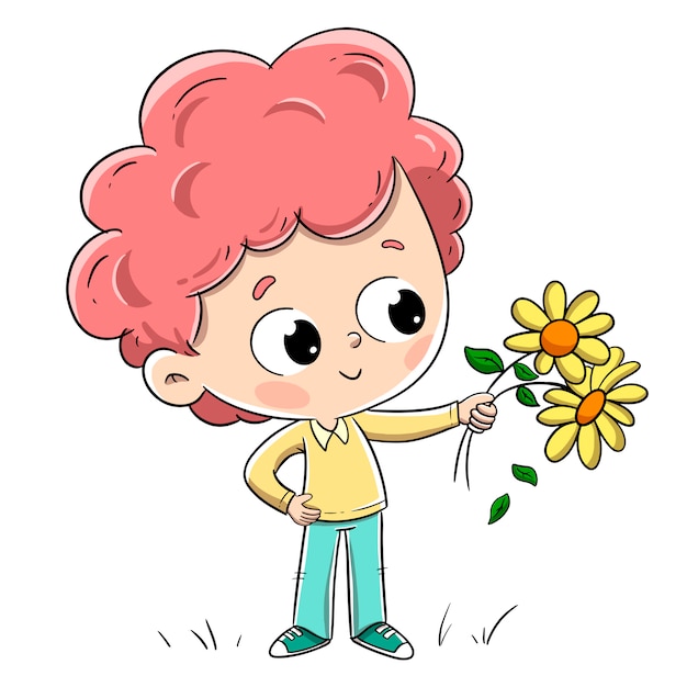 Jongen met bloemen die hen aan iemand geven. Aanbiddelijke jongen met rood haar en krullend haar.