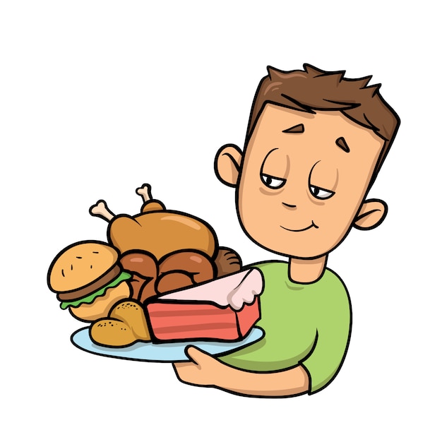 Jongen met bord vol junkfood. te veel eten. cartoon icoon. illustratie. op witte achtergrond.