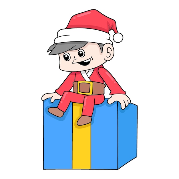 Jongen met de kerstman zittend in geschenkdoos doodle pictogram afbeelding kawaii