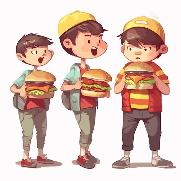 Jongen met een hamburger vector illustratie jonge jongen multipose