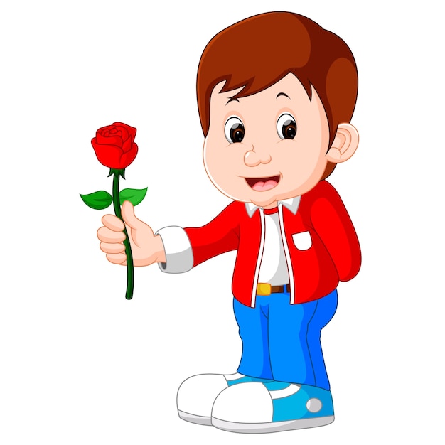 jongen met een roze bloem cartoon