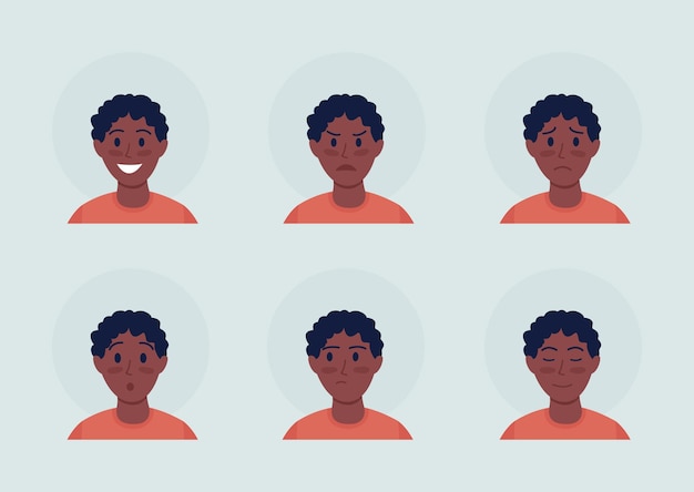 Jongen met emotionele uitdrukkingen semi-egale kleur vector avatar karakterset