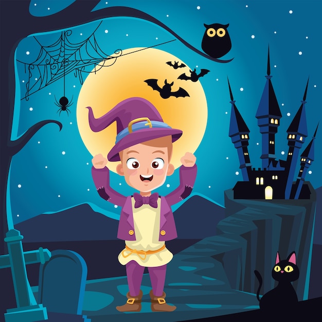 Jongen met halloween-tovenaarskostuum voor huis bij nachtontwerp, Vakantie en eng thema