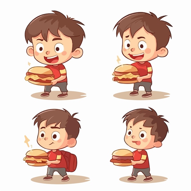 Jongen met hamburger cartoon illustratie vector pose klein kind