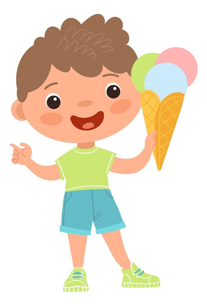 Jongen met ijsje Kid met zomer zoet dessert geïsoleerd op witte achtergrond