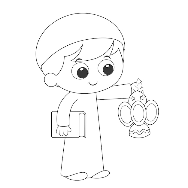 jongen met Ramadan Lantaarn, kleurplaat pagina activiteit voor kinderen cartoon vectorillustratie