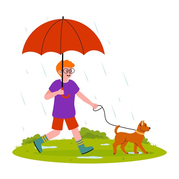 Jongen met rode paraplu loopt met zijn hond tijdens regenachtig weer in een levendig groen park