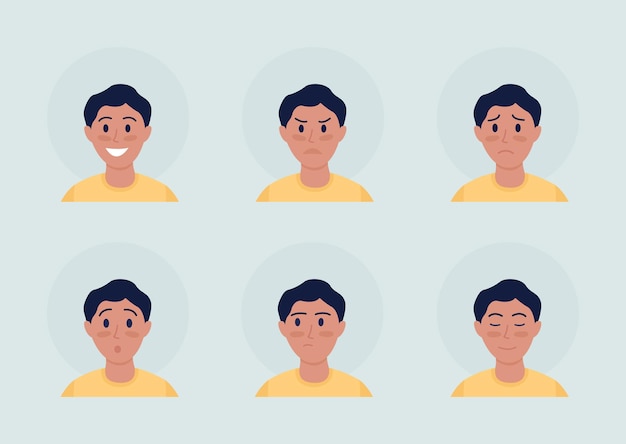 Jongen met verschillende emoties semi-egale kleur vector avatar karakterset