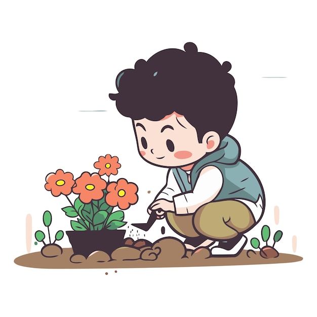 Jongen plant bloemen in de tuin in cartoon stijl
