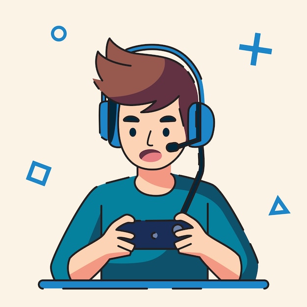 Vector jongen speelt een mobiel spel en draagt een headset plat ontwerp vector illustratie.