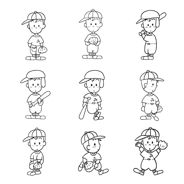 jongen spelen honkbal jongen sport oefening kleurplaat cartoon doodle schattig kawaii manga