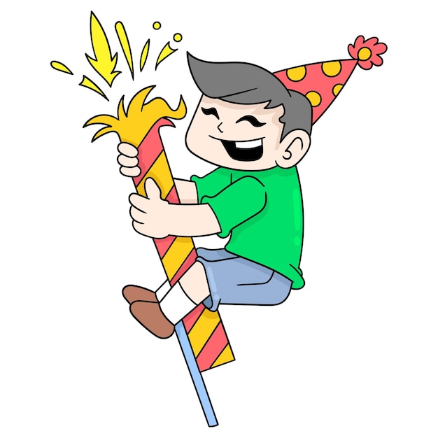 Jongen spelen nieuwjaarsviering vuurwerk vector illustratie kunst doodle pictogram afbeelding kawaii
