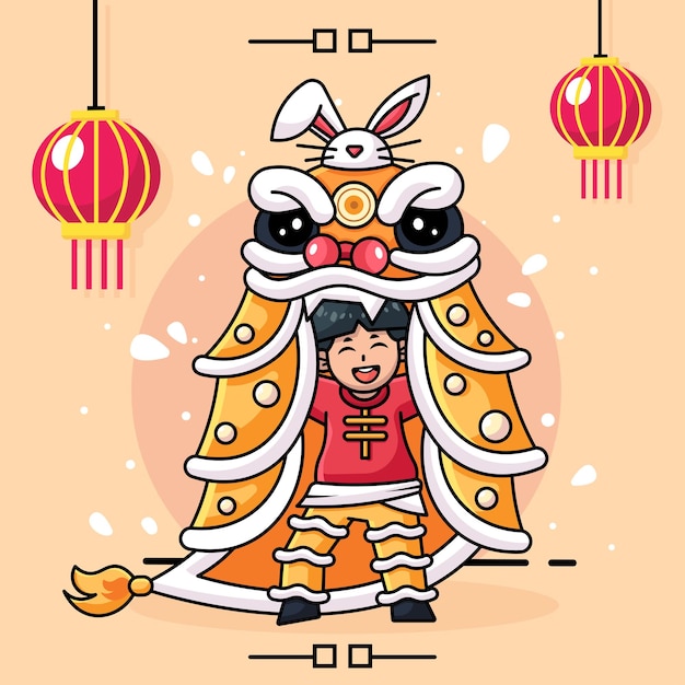 Jongen voert de leeuwendans uit op chinees nieuwjaar