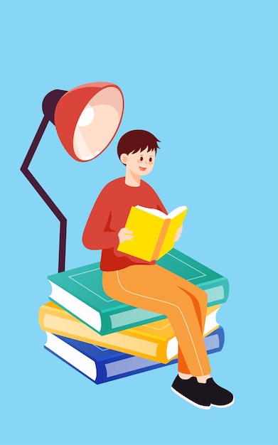 Jongen zit en leest op een boek met planten en lamp op de achtergrond vectorillustratie