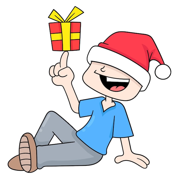 Jongen zit met een kerstmuts en brengt een verrassingscadeau vector illustratie kunst doodle pictogram afbeelding kawaii