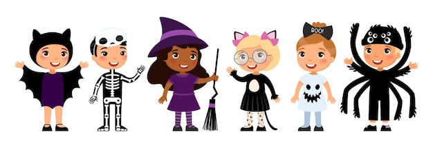 Jongens en meisjes in halloweenkostuums, vleermuis, skelet, heks, kat, spook, spin, trick or treat