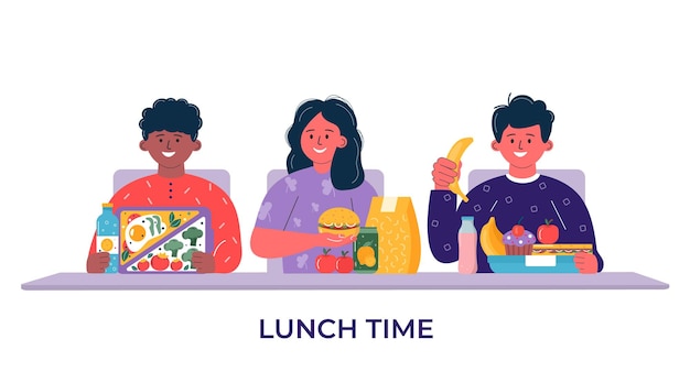 Jongens en meisjes ontbijten of lunchen. kinderen, mensen die eten, gezond eten drinken, drinken. kinderen school lunchboxen met maaltijd, hamburger, sandwich, sap, snacks, fruit, groenten. vector.