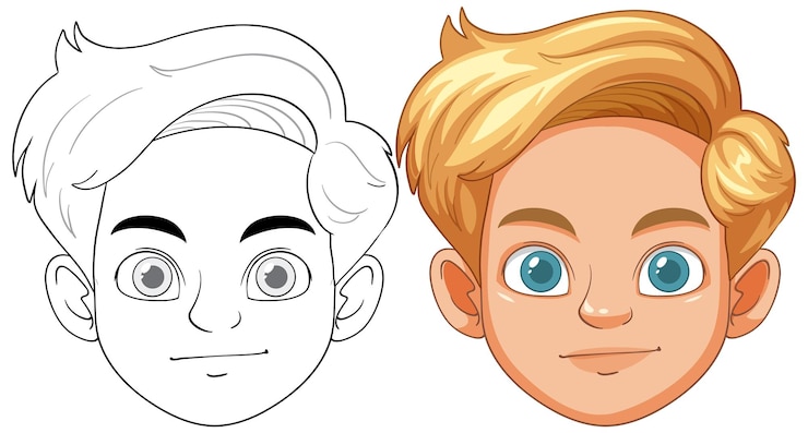 Vector jongens gezicht illustratie in kleur en omtrek