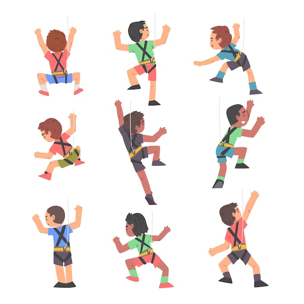 Jongens klimmen op rotsen, personages, schattige kinderen klimmen op muren, jongens doen sport of hebben plezier in een avontuurpark.