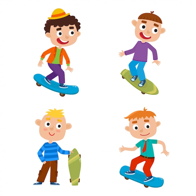 Jongens op skateboard geïsoleerde set