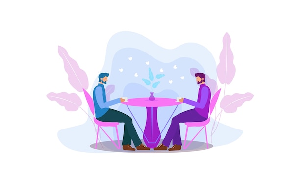 Jongens zitten aan een tafel in een café koffie te drinken Mannen in een restaurant daten homoliefde Platte moderne illustratie Vectorillustratie