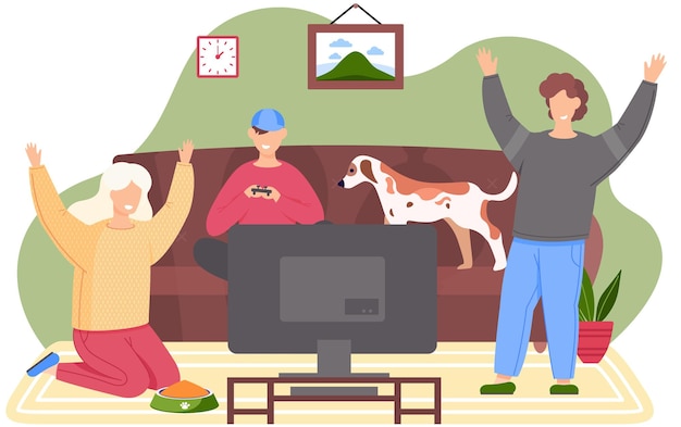 Vector jongens zitten met gamepads en spelen jonge mensen communiceren en brengen samen tijd door familie speelt thuis met de console de hond ligt op de bank de personages steken vrolijk hun hand op