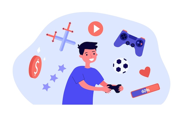 Vector jongensgamer die online met gamepad speelt. hoogste beoordeling van digitale games voor kinderen platte vectorillustratie. ontwikkeling van consolegames, entertainmentconcept voor banner, website-ontwerp of bestemmingswebpagina