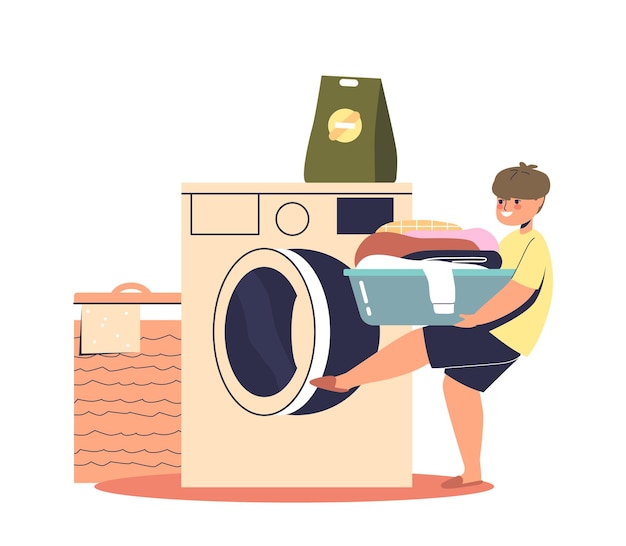 Jongensjongen die kleding in de wasmachine laadt Klein kind helpt bij het huishouden thuis