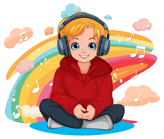 Vector jongenszitting op de vloer die aan muziek met hoofdtelefoon luistert