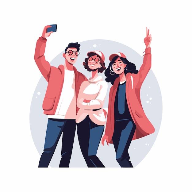 Jongere groep die selfies maakt op het platte ontwerp van de telefoon