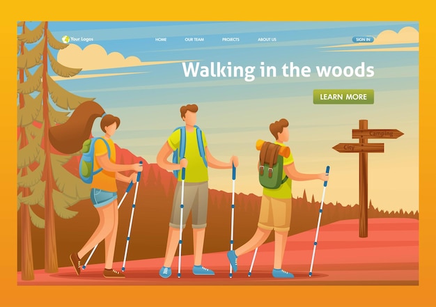 Jongeren brengen actief vakanties door Nordic walking in het bos Flat 2D character Concepten voor bestemmingspagina's en webdesign