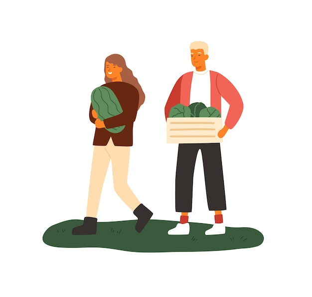 Jongeren, landarbeiders, met watermeloen en krat met kool. Gelukkig boeren vrouw en man met groenten. Platte vector cartoon illustratie van seizoensgebonden oogst geïsoleerd op wit.