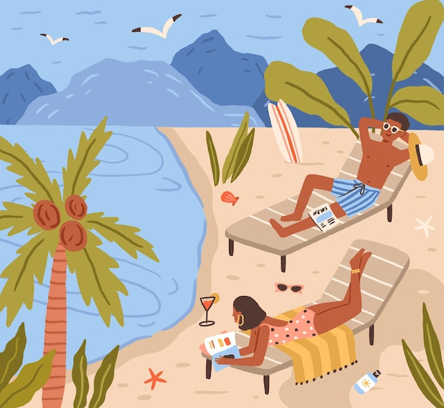 Jongeren liggend op het strand en zonnebaden in de badplaats. Gelukkig man en vrouw rusten en ontspannen aan zee op zomervakantie. Gekleurde platte cartoon vectorillustratie van paar in tropisch paradijs.