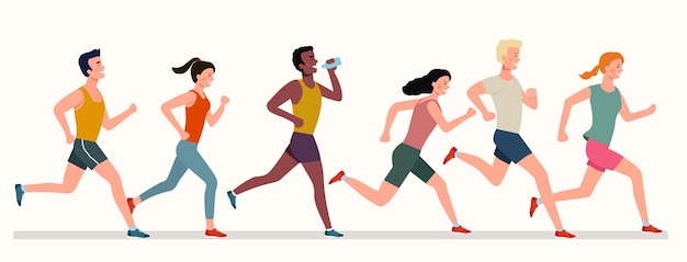 Vector jongeren lopen marathon. vector illustratie