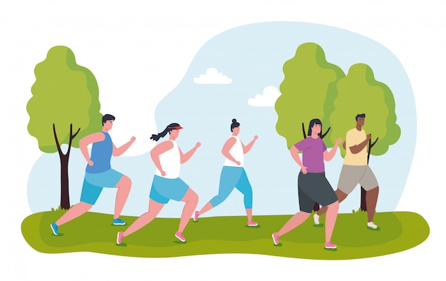 Jongeren marathonlopers lopen sportief, vrouwen en mannen, lopen competitie of marathon race illustratie