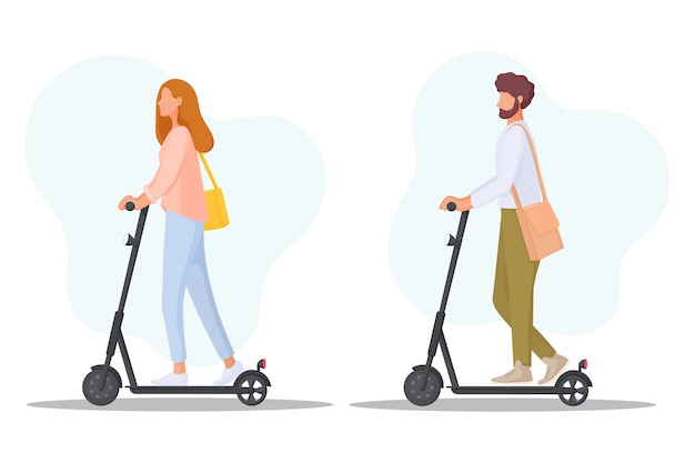 Jongeren rijden op elektrische scooters. ecologie transport concept. eco-vriendelijk persoonlijk vervoer. illustratie.