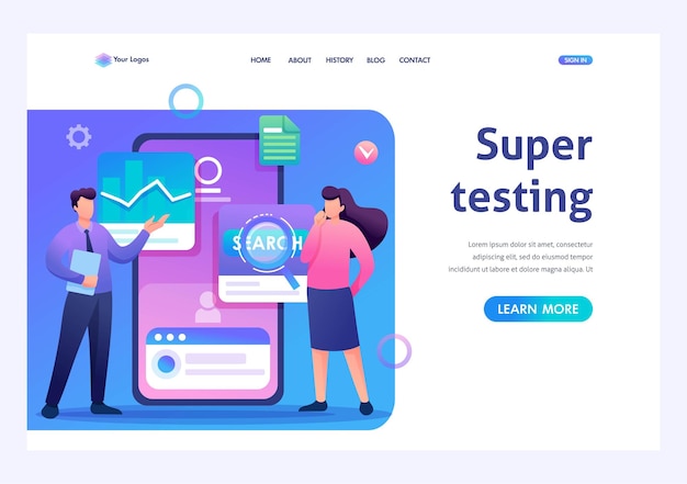 Jongeren staan in de buurt van het scherm van de mobiele telefoon en testen het programma en de mobiele applicatie Flat 2D character Landing page concepten en webdesign