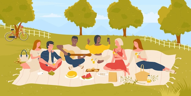 Jongeren studenten op picknick in de zomer natuur groen park gelukkige vrienden genieten van weekend