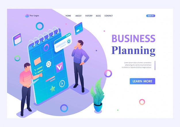 Jongeren zijn bezig met het opstellen van een businessplan. concept van moderne technologie. 3d isometrisch. landingspagina concepten en webdesign