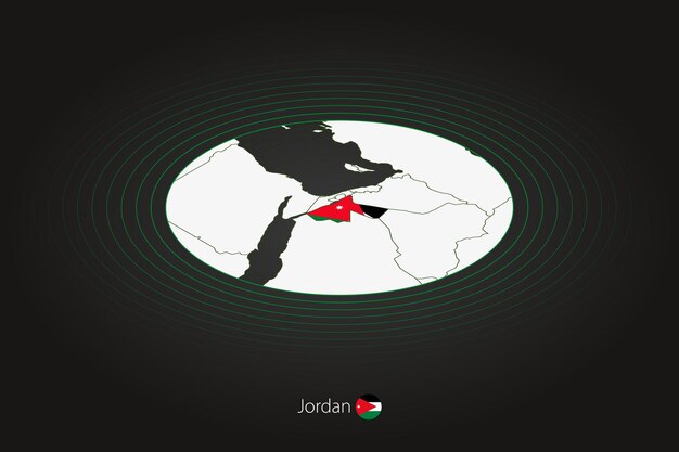 近隣諸国との暗い色の楕円形の地図のヨルダンの地図