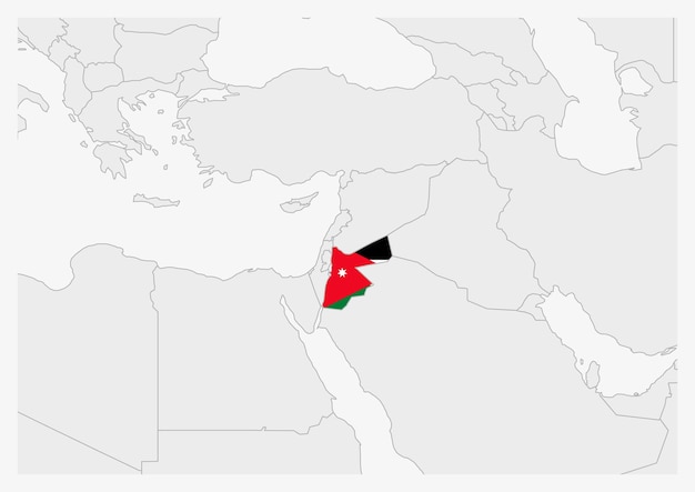 요르단 국기로 강조된 요르단 지도는 주변 국가와 함께 회색 지도로 표시됩니다.