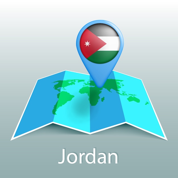 Jordan vlag wereldkaart in pin met naam van land op grijze achtergrond