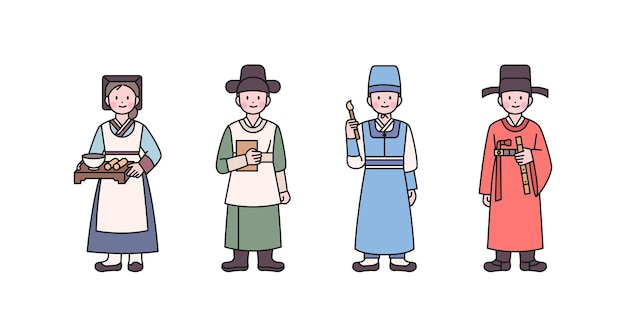 Joseon een oude Koreaanse natie Tekens van verpleegster arts schilder muzikant kostuum schetsen eenvoudige vectorillustratie