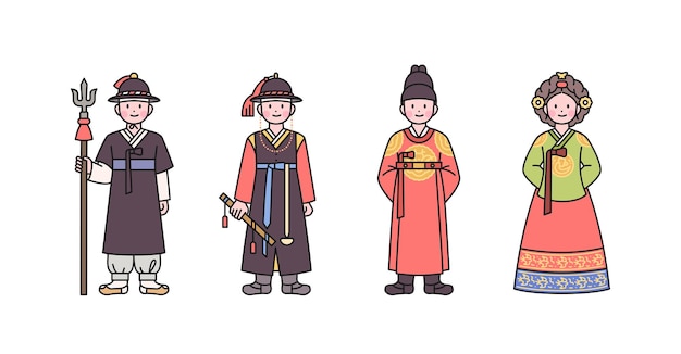 Joseon an old Korean nation Character in police officer police captain king and queen costume outline simple vector illustration