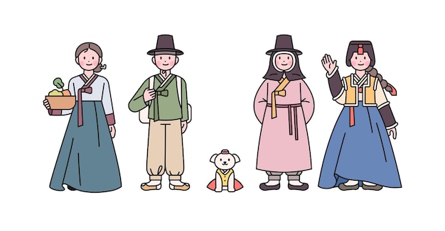 Joseon un'antica nazione coreana un uomo e una donna che indossano un hanbok di base un uomo e una donna che indossano un hanbok invernale e un cane delineano una semplice illustrazione vettoriale